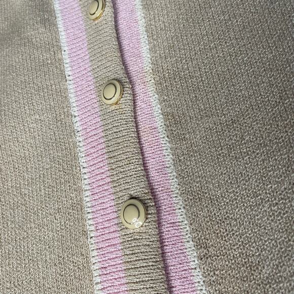 ST JOHN Santana Preppy Classic Knit Sweater Tan Pink Button Up 8 Medium - Picture 5 of 7